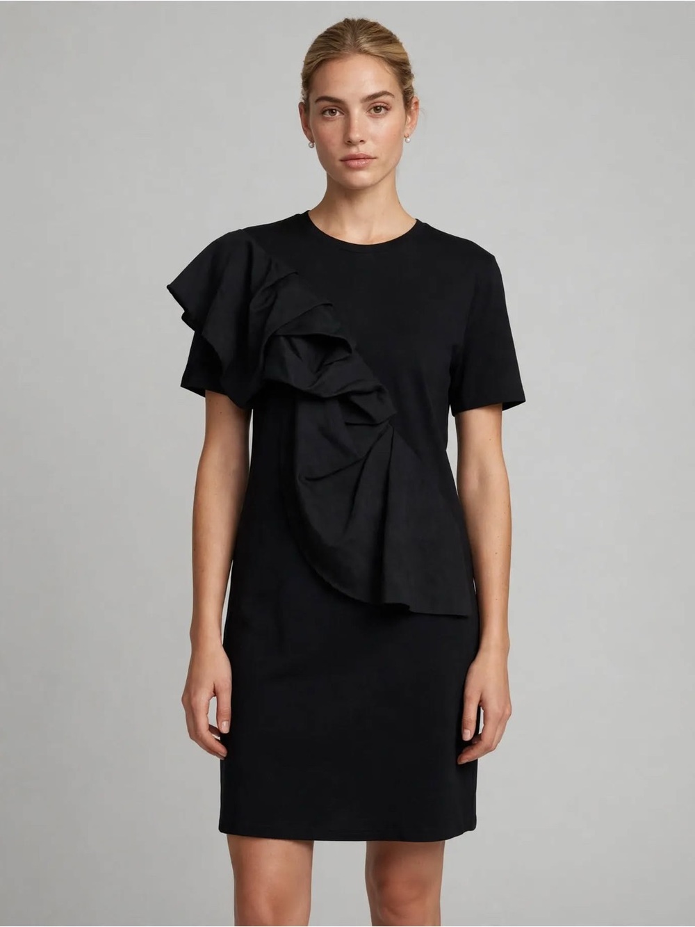 COS Black Short Sleeve T-shirt Dress with Dramatic Front Ruffle